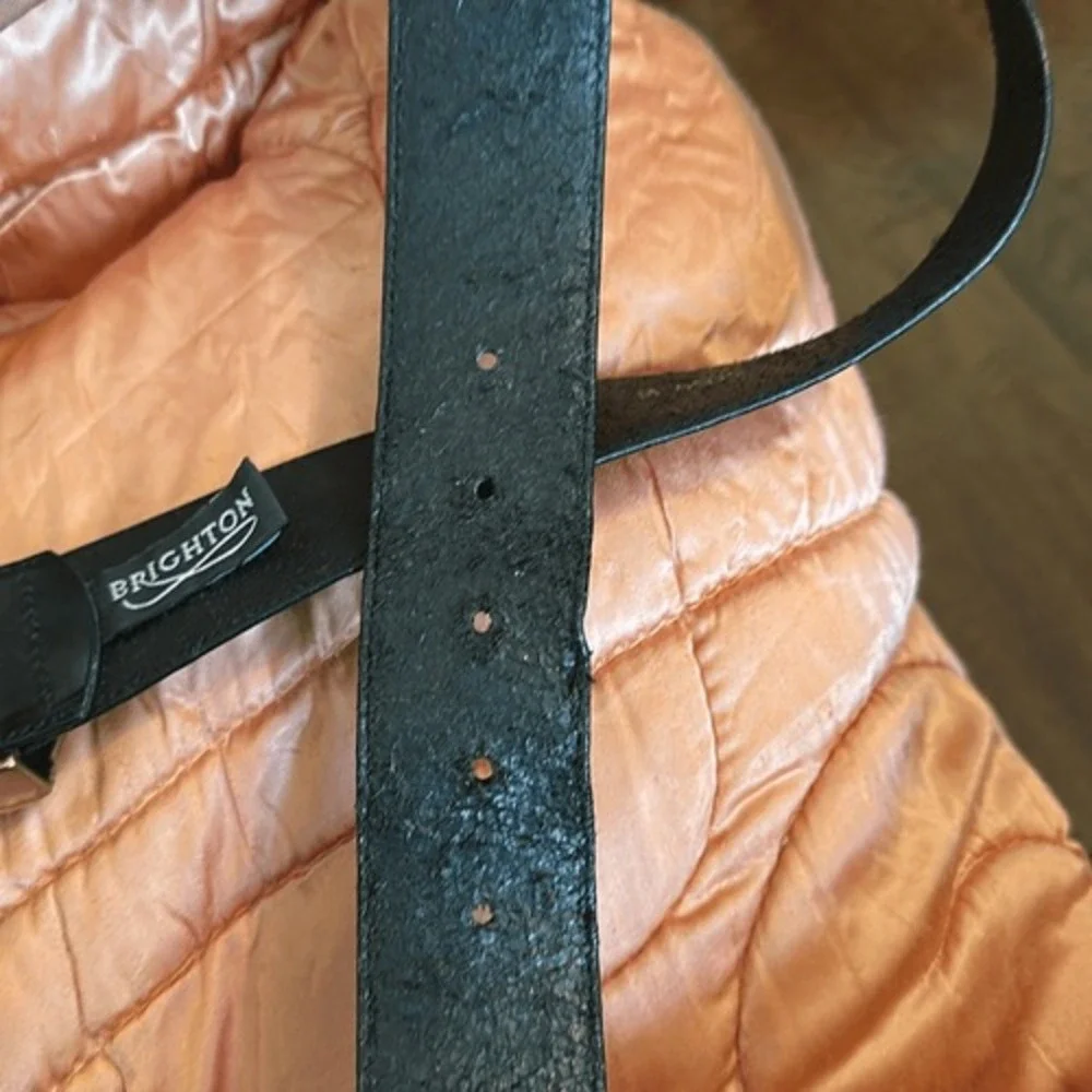 Vintage 1994 Brighton Wide Black Leather Belt with Ornate Gold Buckle